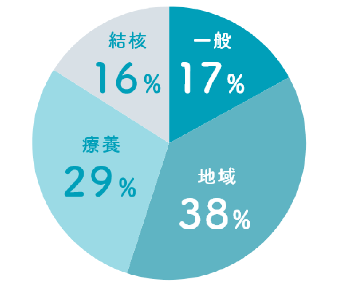 一般17%、地域38%、療養29%、結核16%